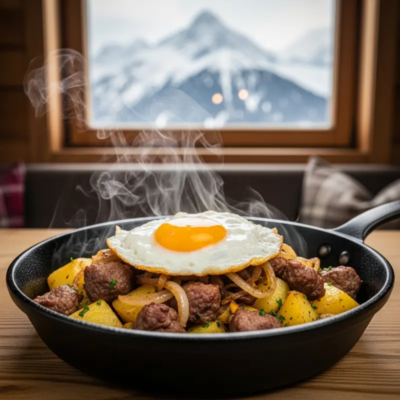 A cast-iron skillet of Tiroler Gröstl topped with a fried egg on a wooden table