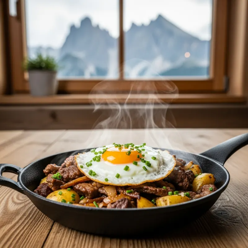 A cast-iron pan of Tiroler Gröstl on a wooden table