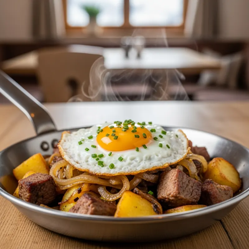 A traditional pan of Tiroler Gröstl with a fried egg on top