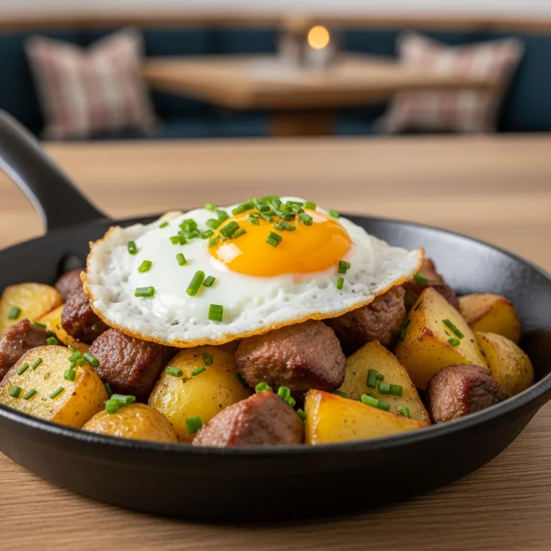 A traditional pan of Tiroler Gröstl with a fried egg on top