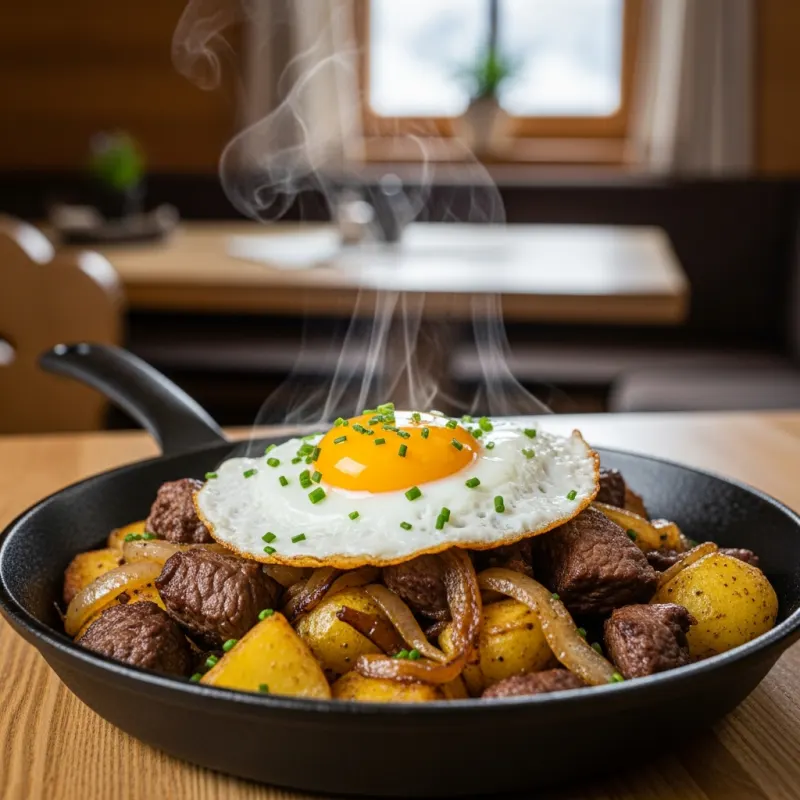 A traditional pan of Tiroler Gröstl topped with a fried egg