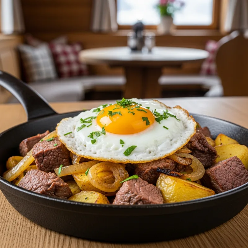 A cast-iron pan of Tiroler Gröstl topped with a fried egg