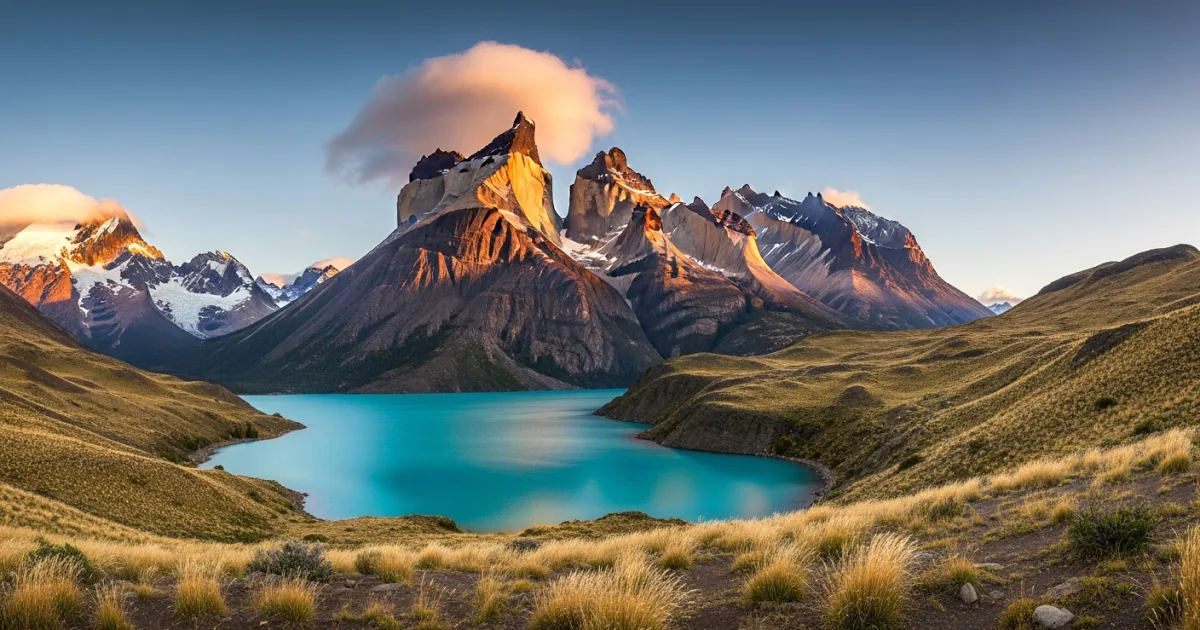 Sunrise over the granite peaks of Torres del Paine National Park