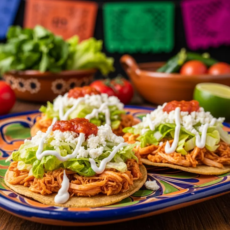 A colorful plate of traditional Tostadas de Coyoacán topped with chicken tinga, lettuce, cheese, and salsa