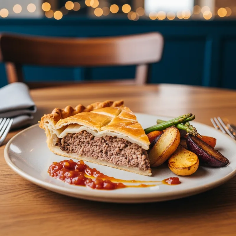 A slice of traditional French-Canadian Tourtière meat pie