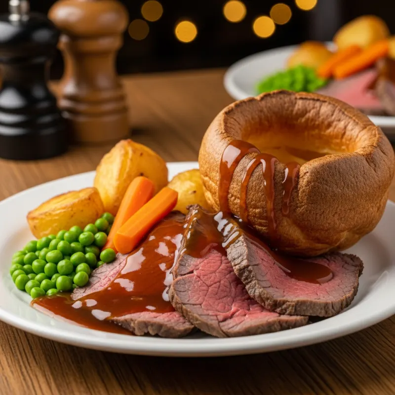 A traditional Yorkshire Roast Dinner with beef, vegetables, and a large Yorkshire pudding covered in gravy