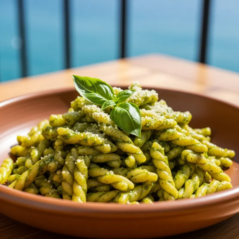 A bowl of traditional Ligurian Trofie al Pesto pasta