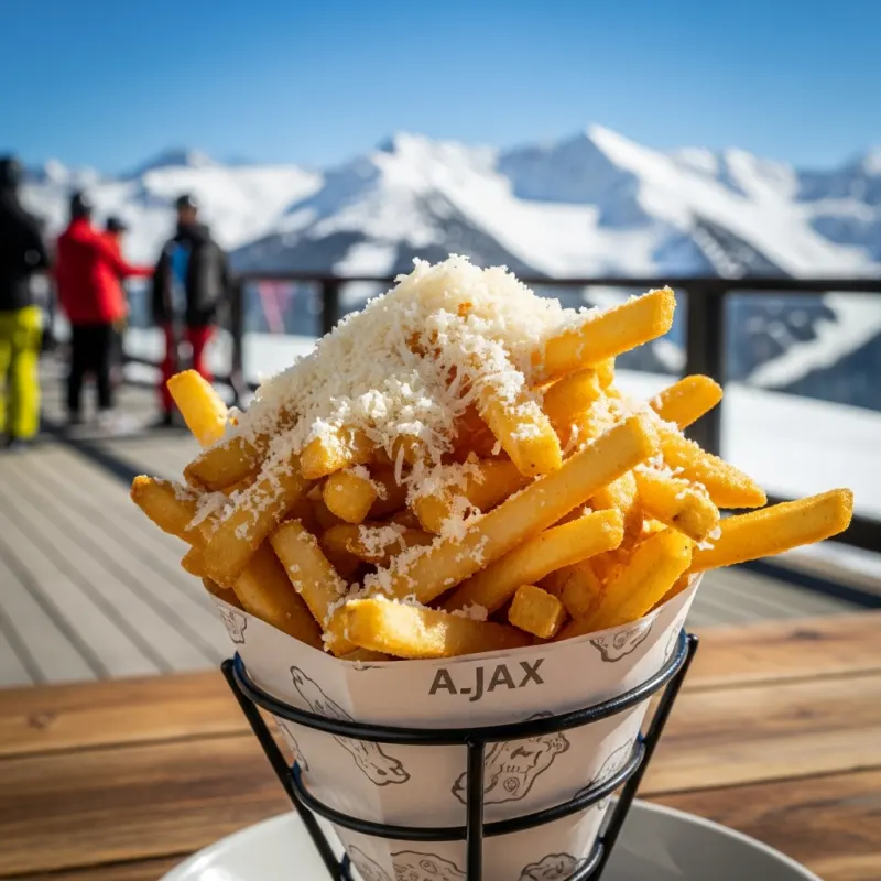 A cone of truffle fries topped with parmesan cheese on an outdoor patio in Aspen
