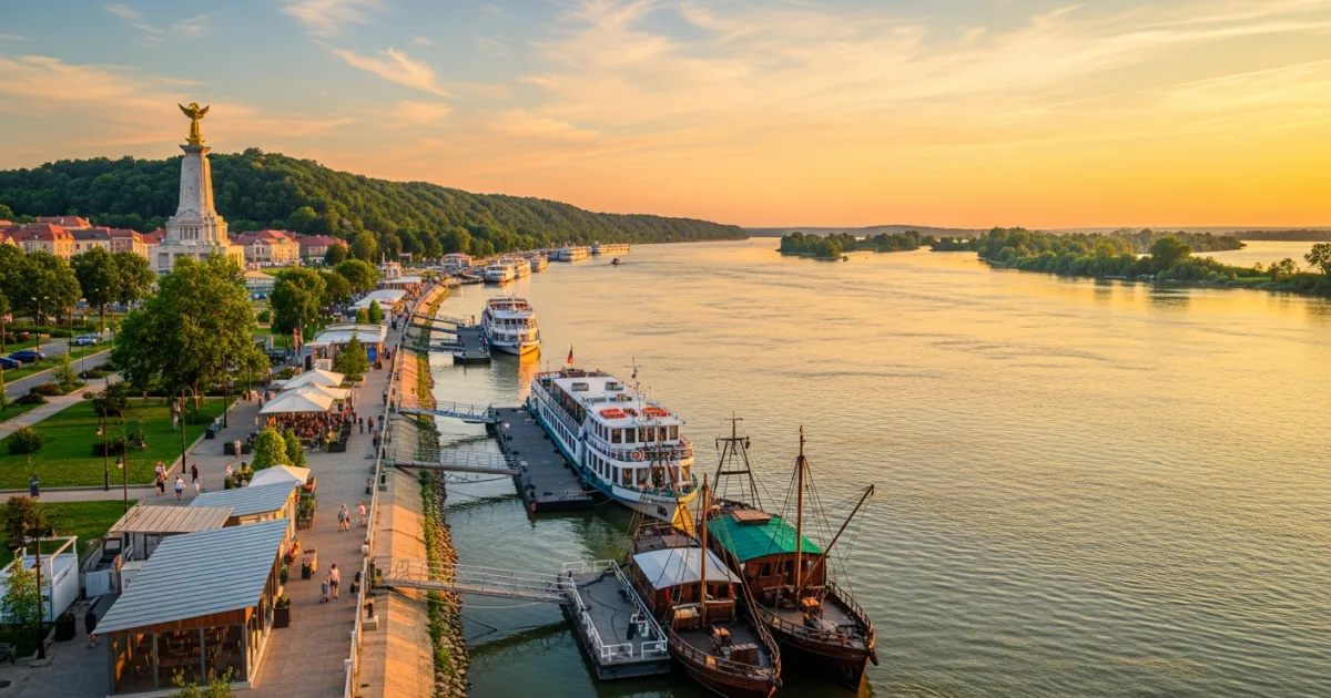 Panoramic view of the Tulcea waterfront and the Danube River at sunset