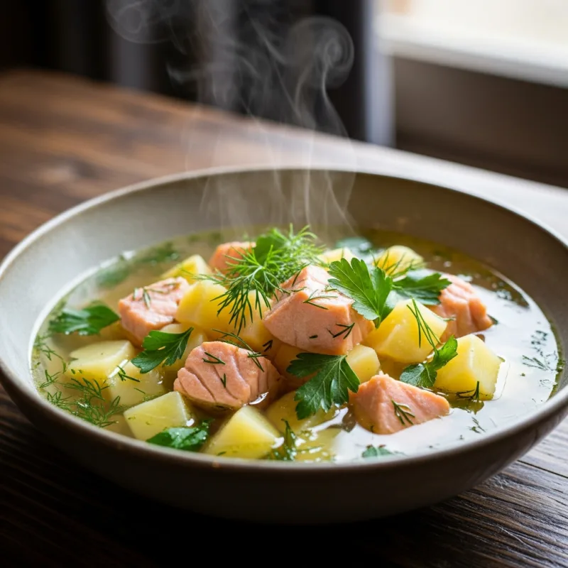 A bowl of traditional Scottish Tweed Kettle salmon stew