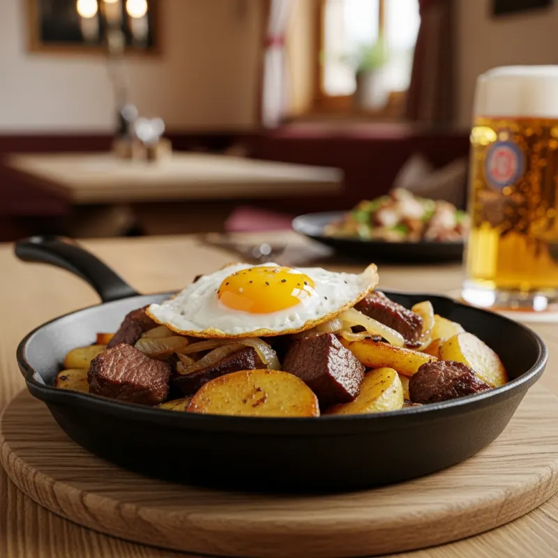 A cast-iron skillet of Tyrolean Gröstl topped with a fried egg