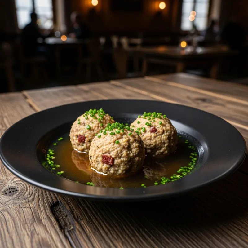 Tyrolean Speckknödel in beef broth