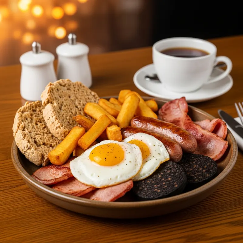 A traditional Ulster Fry breakfast on a rustic plate