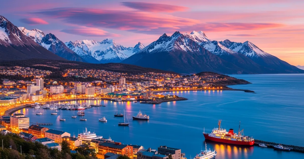 Panoramic view of Ushuaia city, the Beagle Channel, and snow-capped mountains at sunset