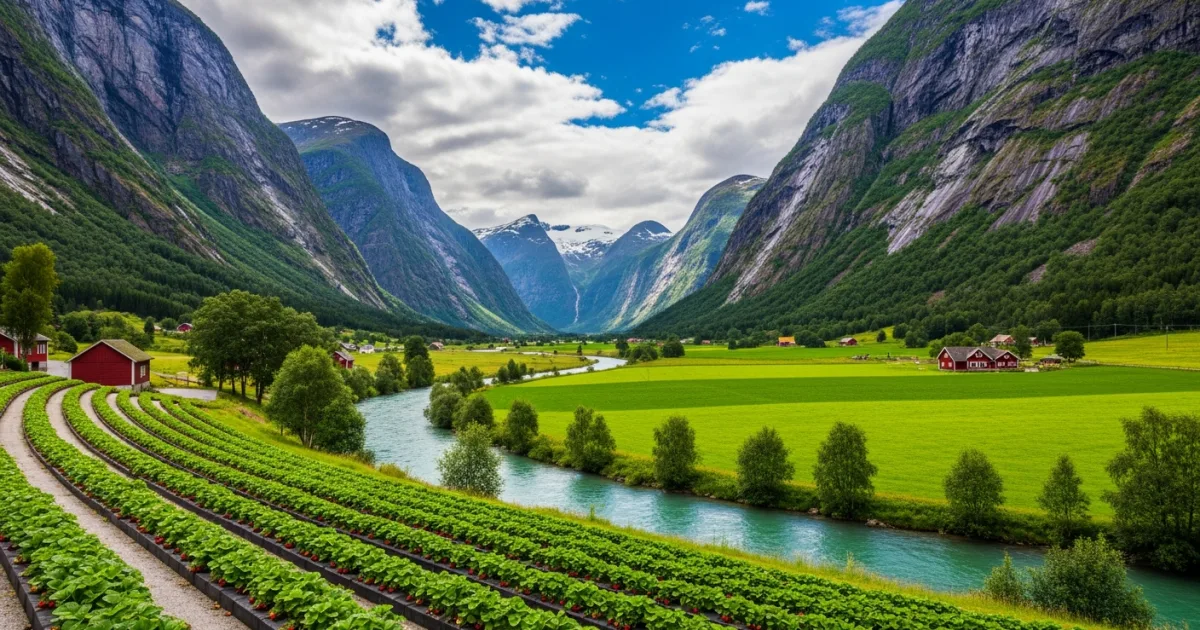 Scenic view of Valldal valley with a river, green fields, and mountains in Norway