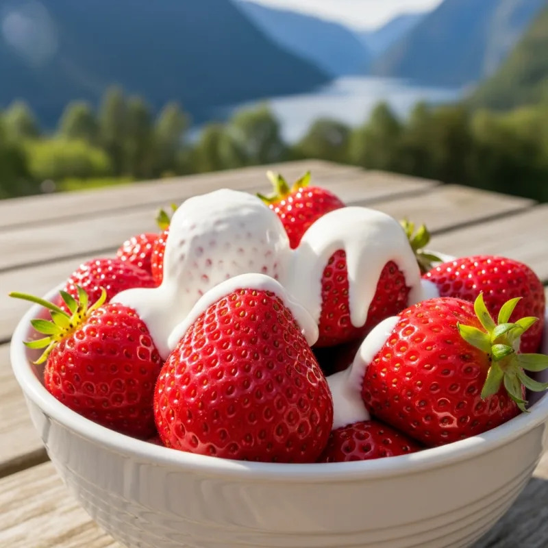 A bowl of fresh Valldal strawberries topped with cream