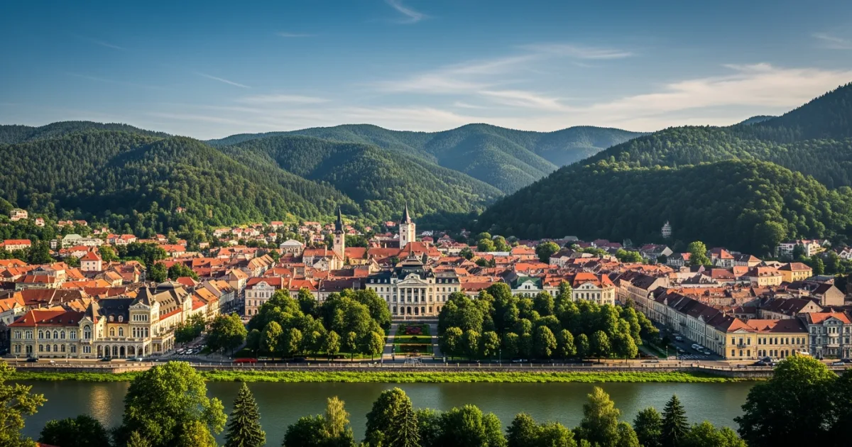 Panoramic view of Vatra Dornei surrounded by the Carpathian Mountains
