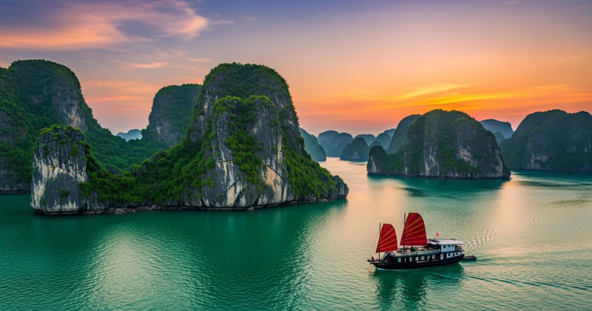 Vietnam 7 Traditional junk boat sailing through the limestone karsts of Ha Long Bay at sunset