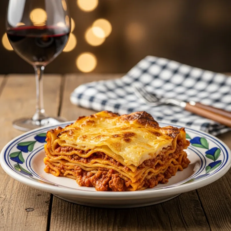 A slice of traditional Vincisgrassi baked pasta from Marche