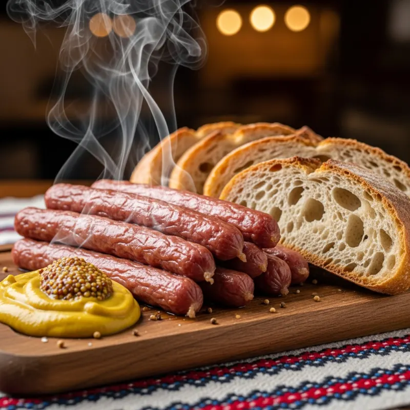 Traditional Romanian Virșli sausages served with mustard and bread