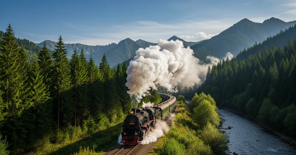 Mocanita steam train traveling through the Vaser Valley in Viseu de Sus