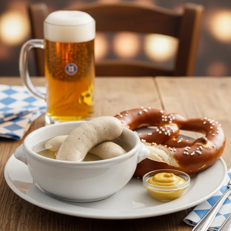 Traditional Bavarian Weißwurst with a pretzel and sweet mustard