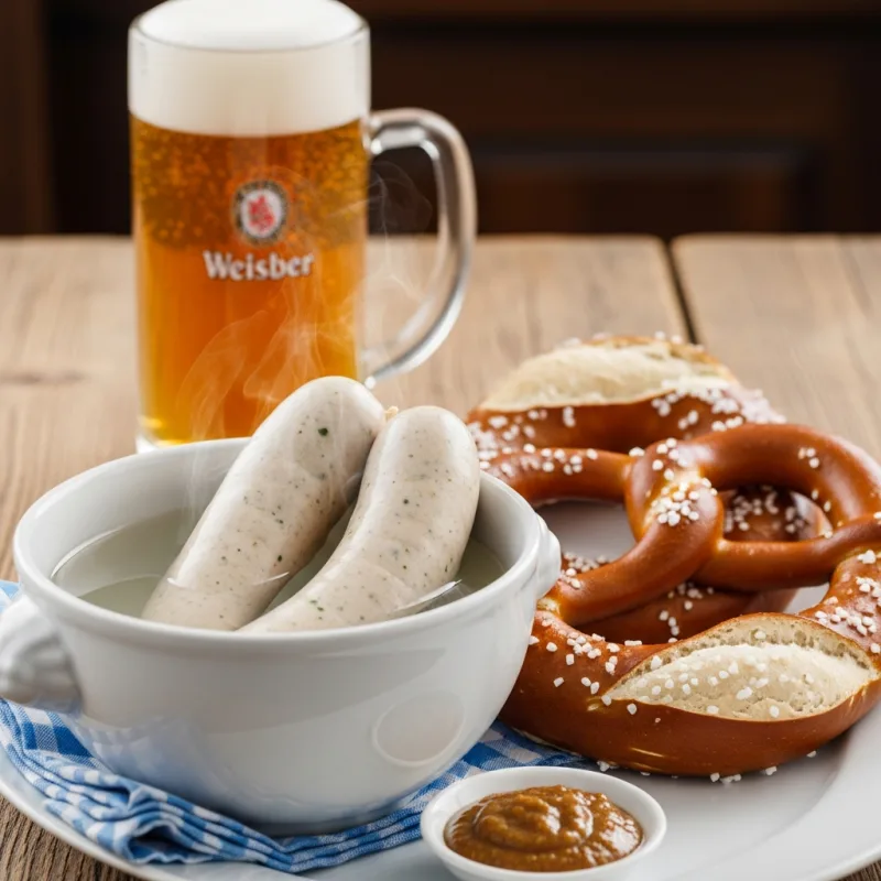 Traditional Bavarian Weisswurst with a soft pretzel and sweet mustard