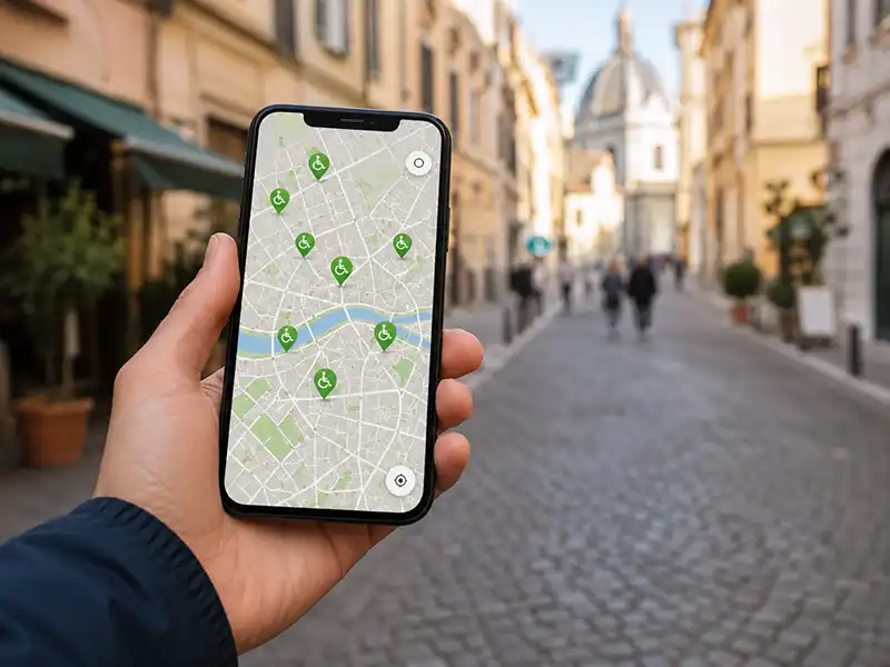 Accessible Travel Destinations in Europe: Best Cities for 2026 5 Smartphone showing green accessibility markers on a European city map
