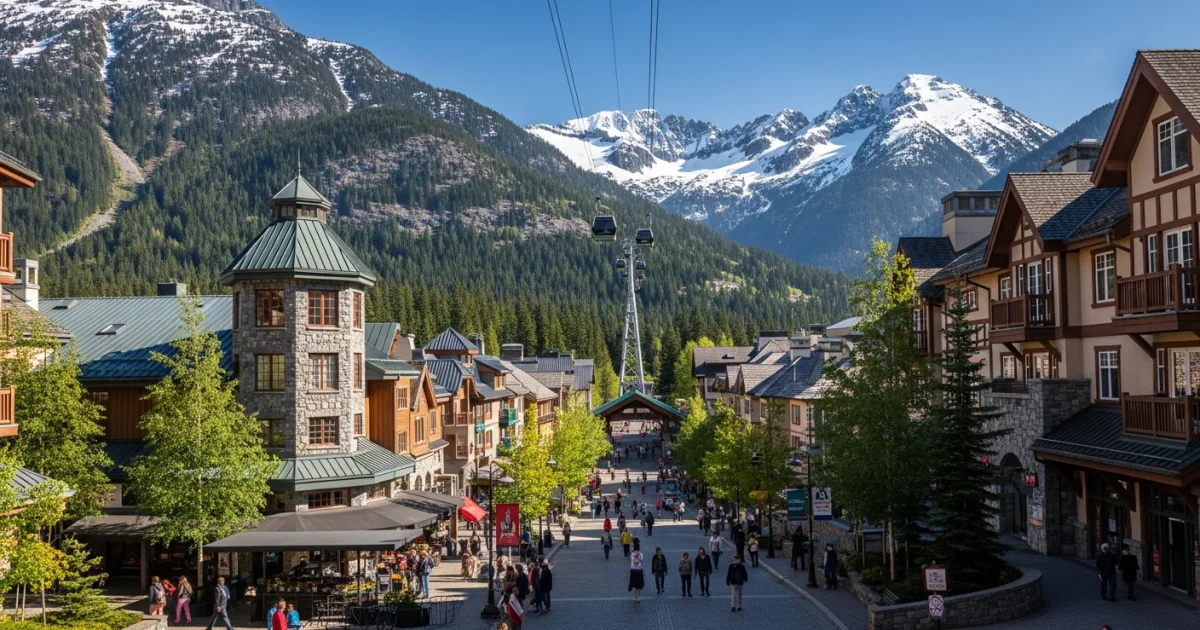 Wide angle view of Whistler Village and surrounding snow-capped mountains