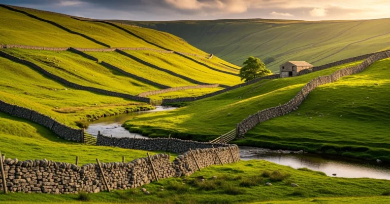 Yorkshire 4 Scenic view of the rolling green hills and dry-stone walls of the Yorkshire Dales at sunset
