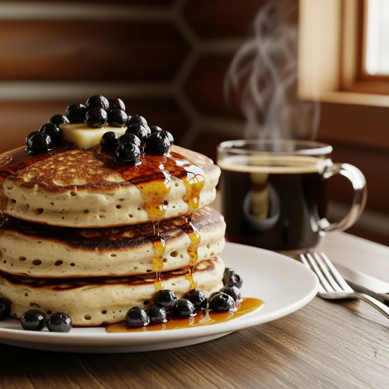 Stack of Yukon sourdough pancakes with wild blueberries and maple syrup