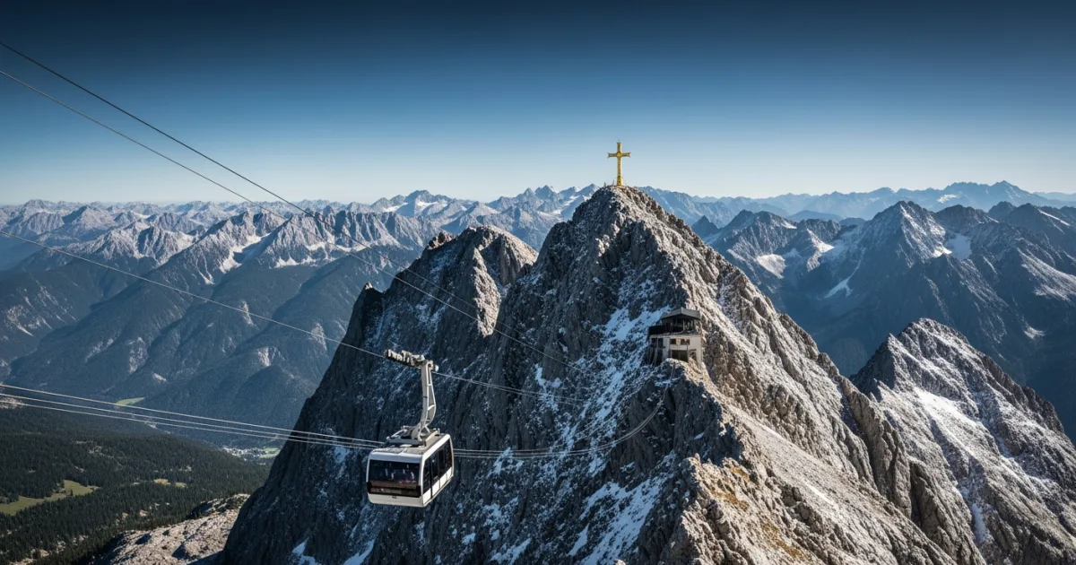 Panoramic view of the Zugspitze summit and cable car in the Bavarian Alps