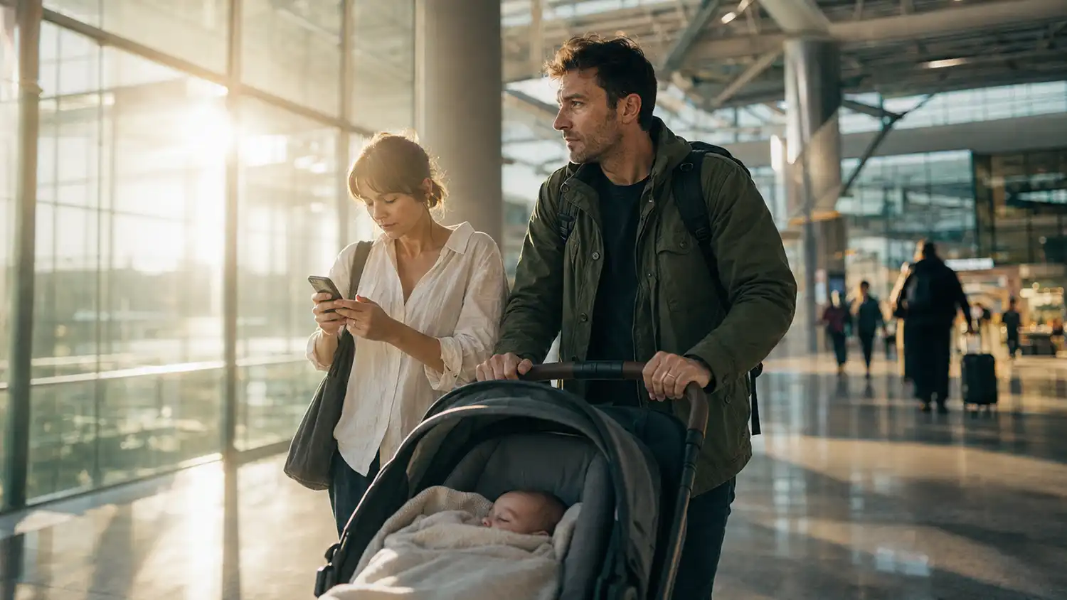 Travelling With A Baby: A First-Time Parent's Checklist 1 First-time parents pushing a compact travel stroller in a sunlit terminal