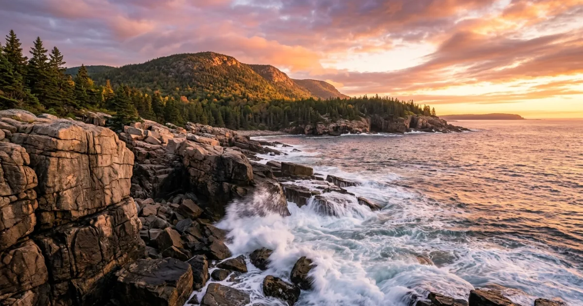 Sunrise over the rocky coastline of Acadia National Park in Maine