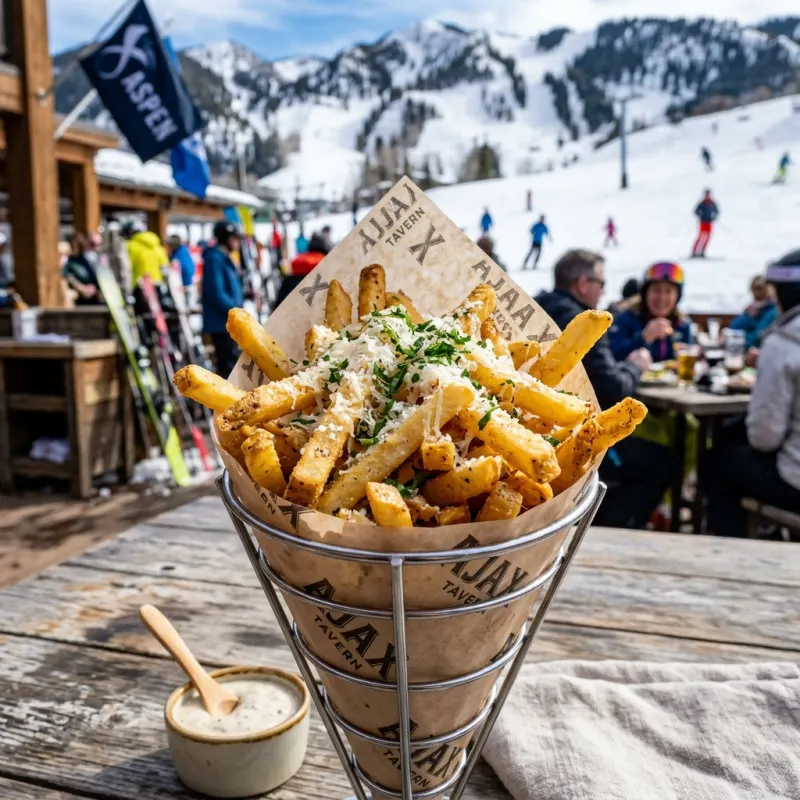 A large portion of truffle fries topped with parmesan cheese on an outdoor patio in Aspen