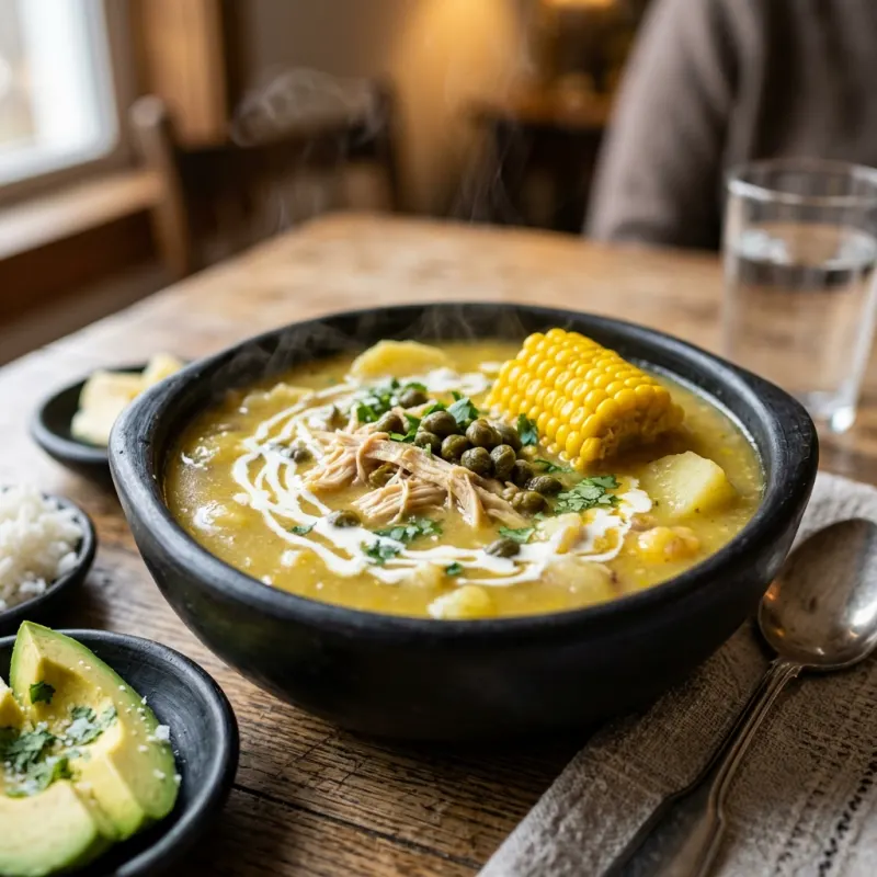 A traditional bowl of Colombian Ajiaco soup with avocado and rice