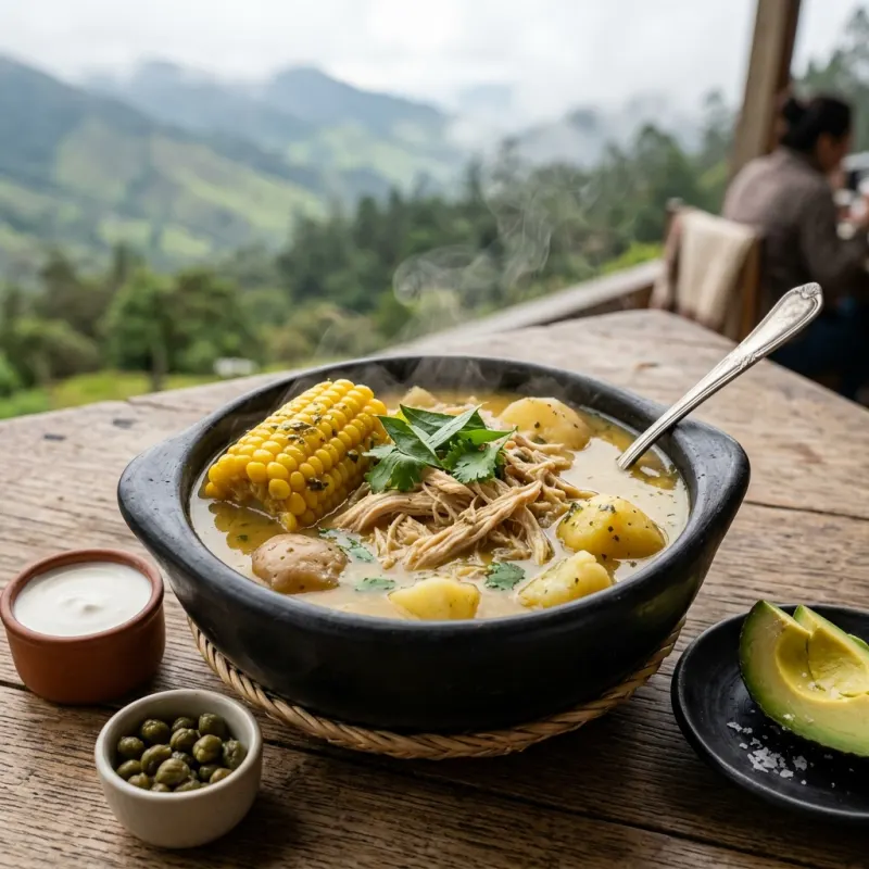 A steaming bowl of traditional Colombian Ajiaco soup with sides of avocado, cream, and capers