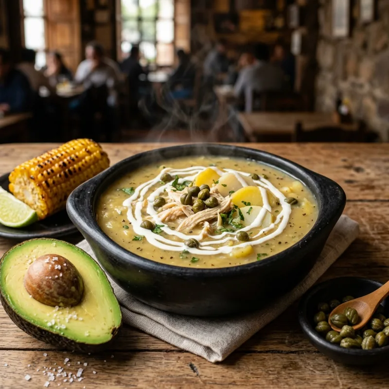 A traditional bowl of Colombian Ajiaco soup with avocado and corn