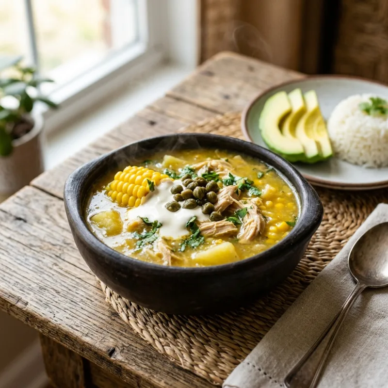 A traditional bowl of Colombian Ajiaco soup with avocado and cream