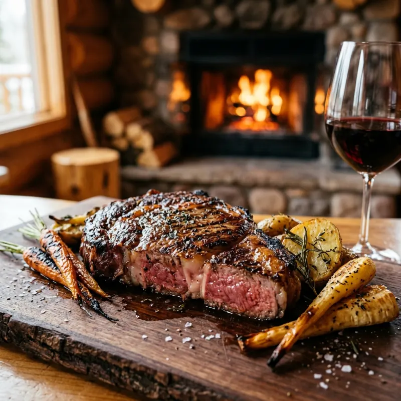A grilled Alberta beef steak with roasted vegetables in a mountain lodge setting