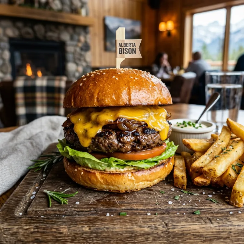 A delicious Alberta Bison Burger served with fries on a wooden board