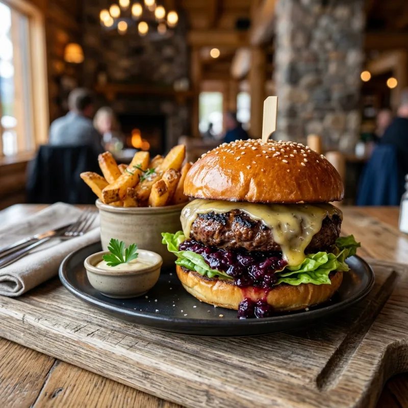 A gourmet Alberta Bison Burger with rustic fries