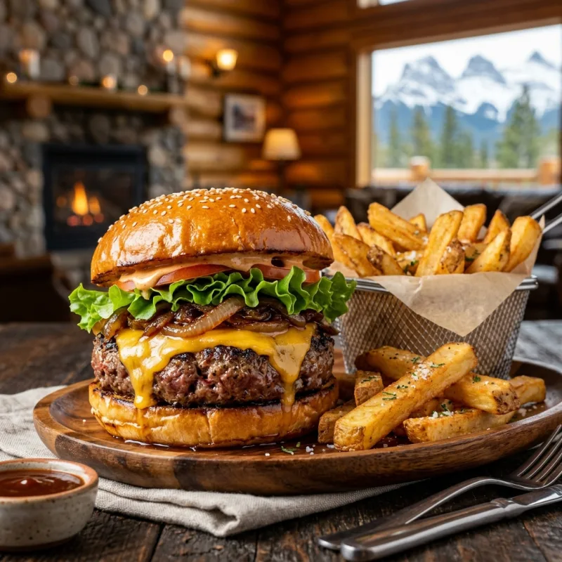 A delicious Alberta Bison Burger with thick-cut fries on a wooden table