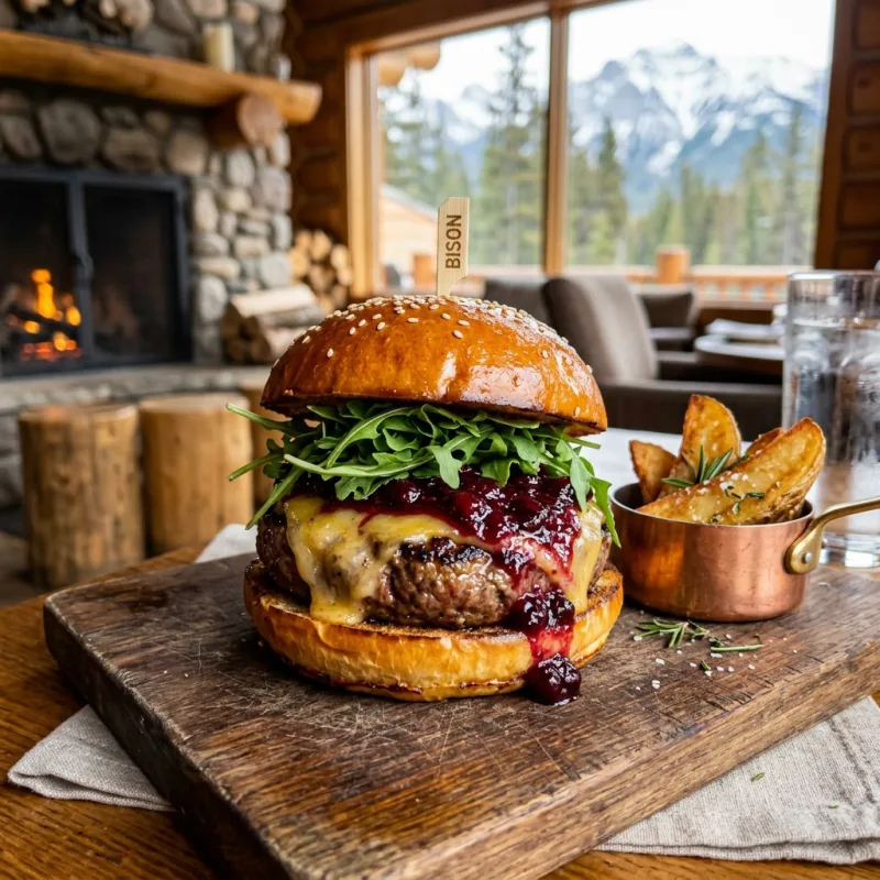 A gourmet Alberta Bison Burger with berry compote and smoked cheddar