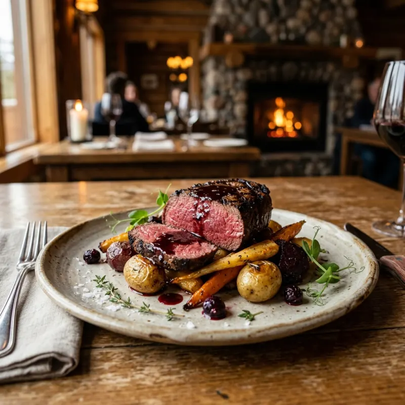Plated Alberta Bison Tenderloin with berry reduction and root vegetables