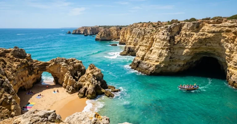 Algarve 6 Golden limestone cliffs and turquoise waters of the Algarve coastline in Portugal