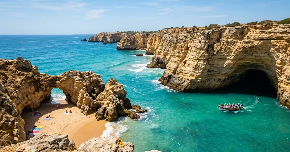 Algarve 17 Golden limestone cliffs and turquoise waters of the Algarve coastline in Portugal