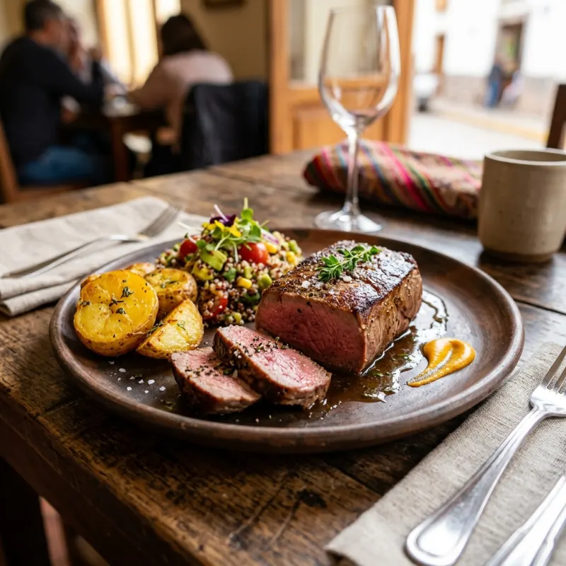 A plate of grilled Alpaca steak with native potatoes and quinoa salad