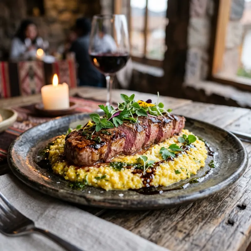 Plated Alpaca steak with quinoa risotto