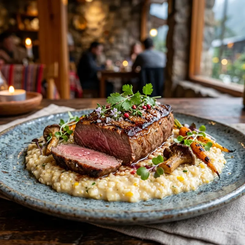 Plated Alpaca tenderloin with quinoa risotto